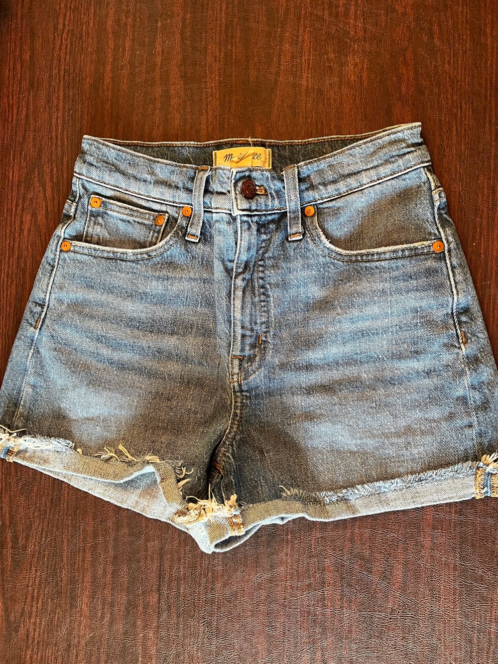 Madewell Medium Wash Distressed Cuffed High-Rise Denim Shorts